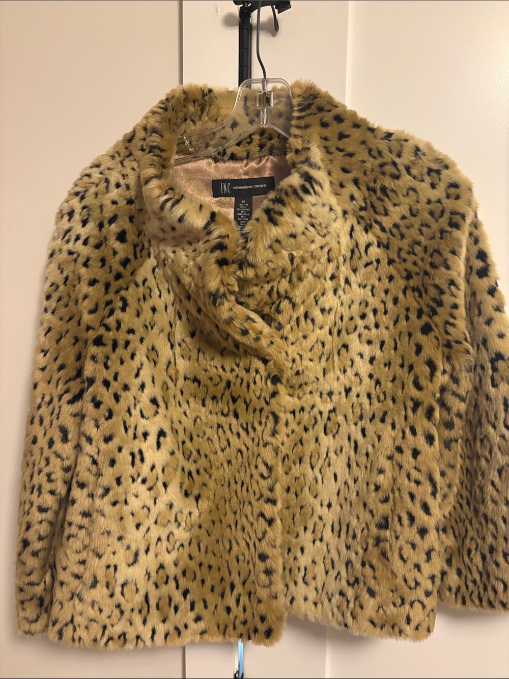 INC International Concepts Faux Fur Leopard-Print Teddy Jacket in Tan and Black